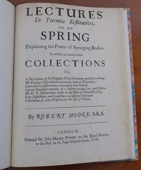 Page de titre de Lectures de potentia restitutiva de Robert Hooke, 1678