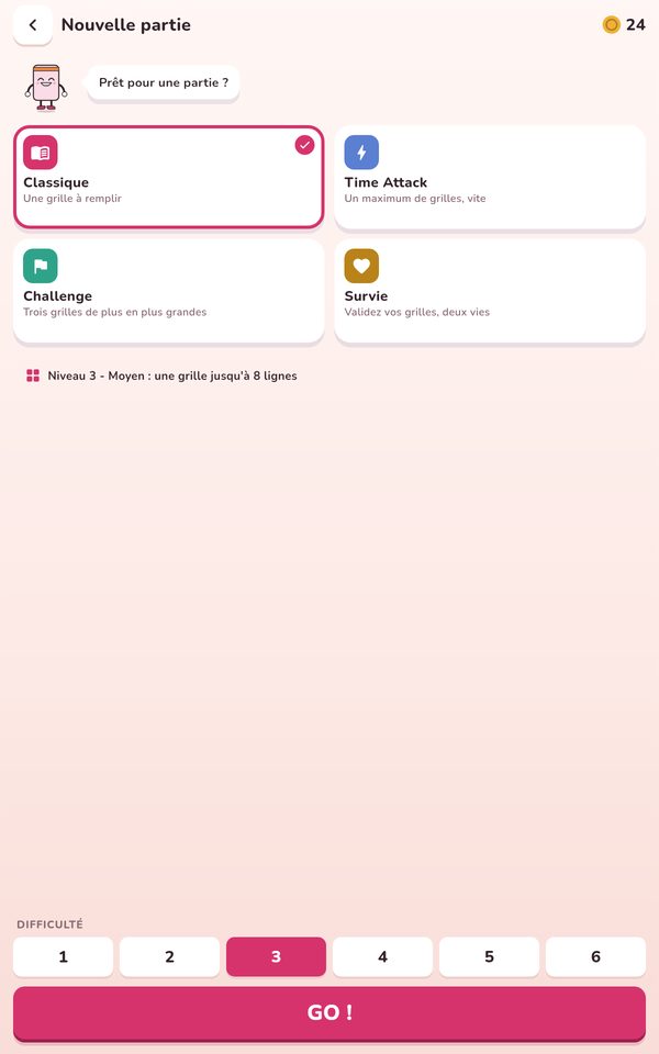 Choix du jeu sur tablette